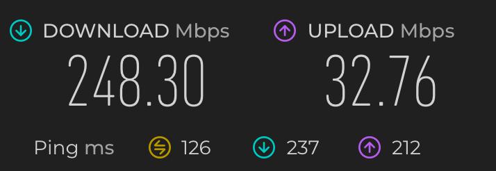 Ookla Speedtest result on the eSIMPal eSIM in Georgia: 248.30 Mbps download, 32.76 Mbps upload