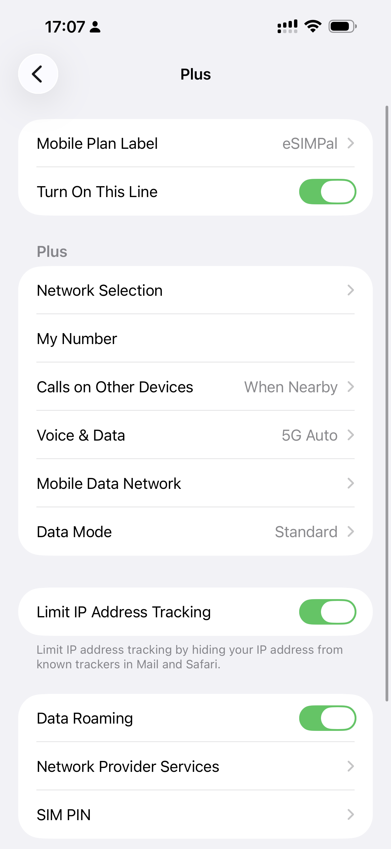 iPhone cellular settings with Data Roaming turned on for the eSIMPal Thailand eSIM