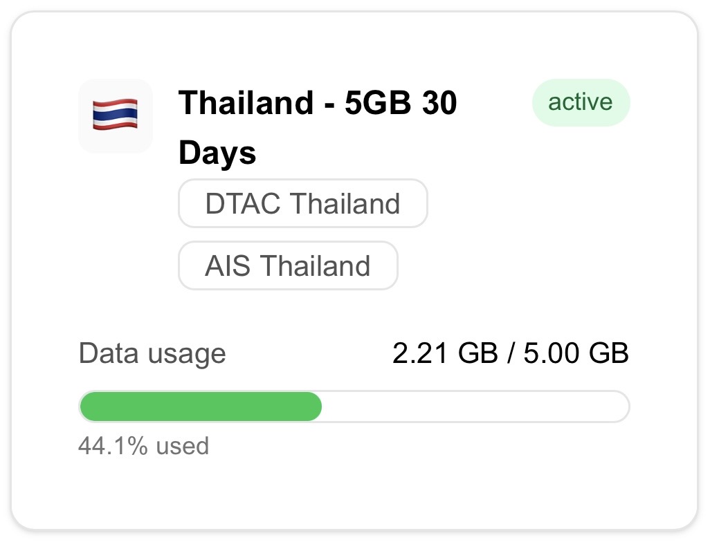 Aplicativo eSIMPal mais adiante na viagem: o plano de 10GB esgotado, mais pacotes de recarga de 10GB e 5GB no mesmo eSIM