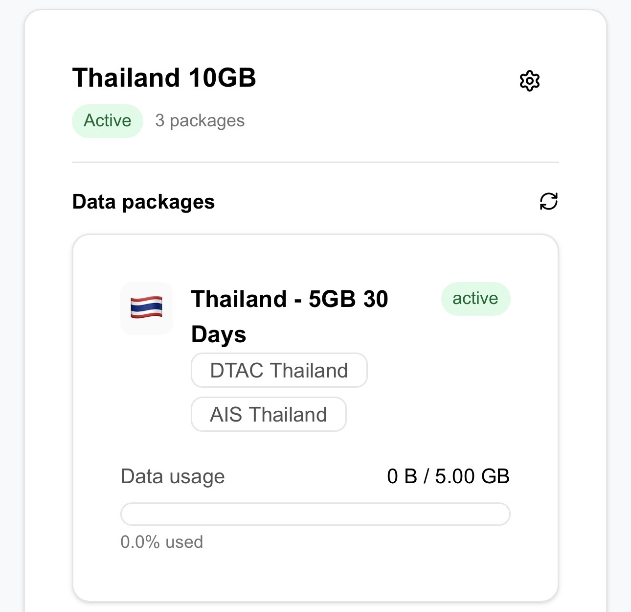 Aplicativo eSIMPal no início: um único plano Tailândia 10GB, 0% usado