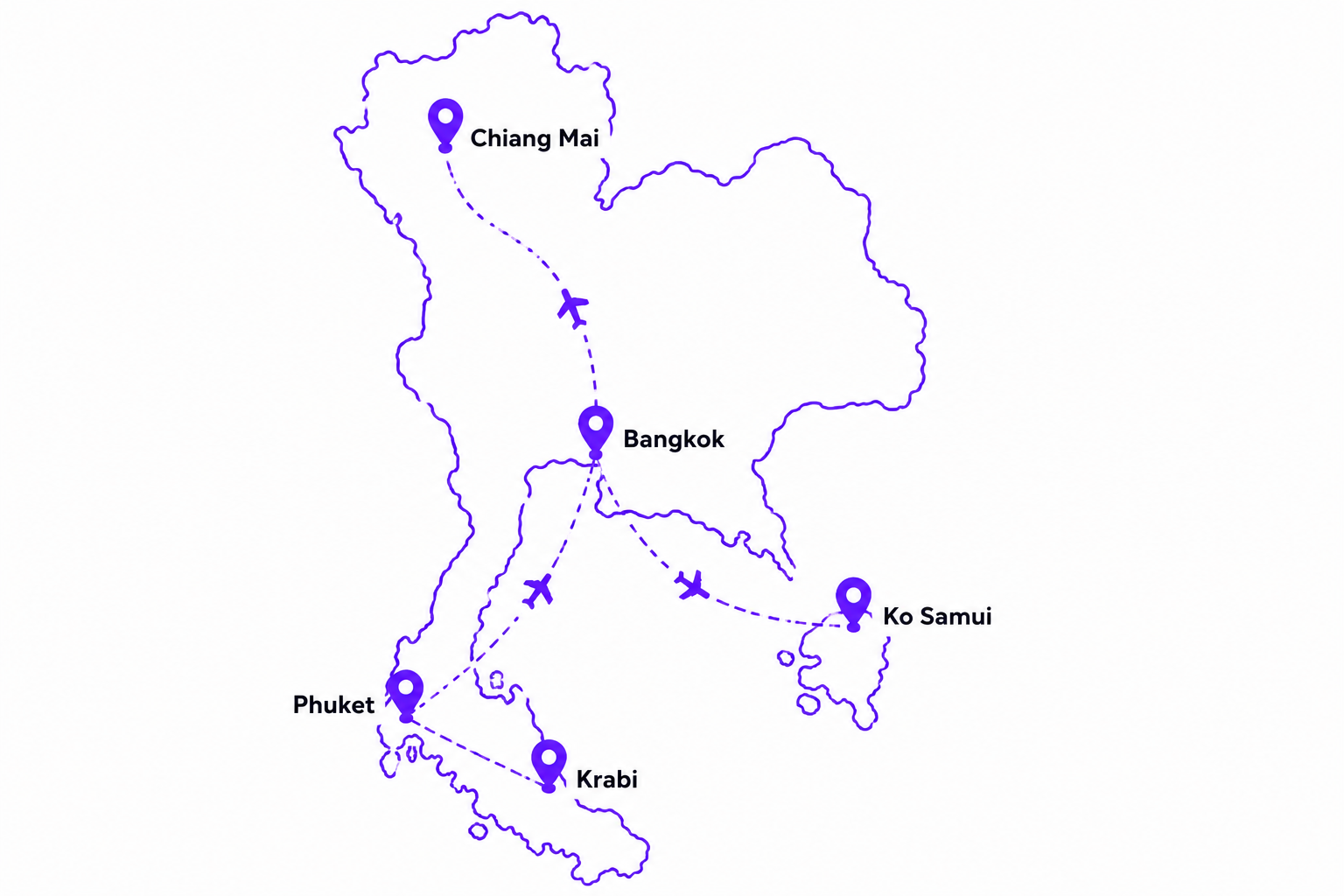 Mapa do roteiro de teste na Tailândia: Bangkok, Chiang Mai, Phuket, Ko Samui e Krabi